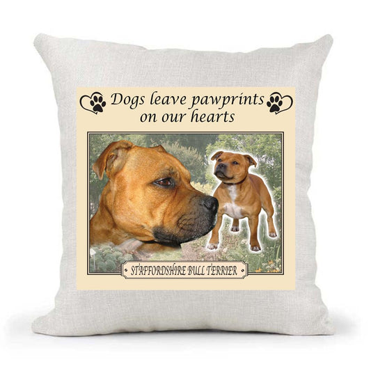 Brown Staffordshire Bull Terrier Staffy Dogs Leave Pawprints on our Hearts Country Canvas Style Cushion Cover Gift