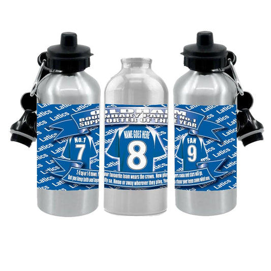 Oldham Personalised Football Shirt Silver Aluminium Two Lid Unisex Water Bottle Gift