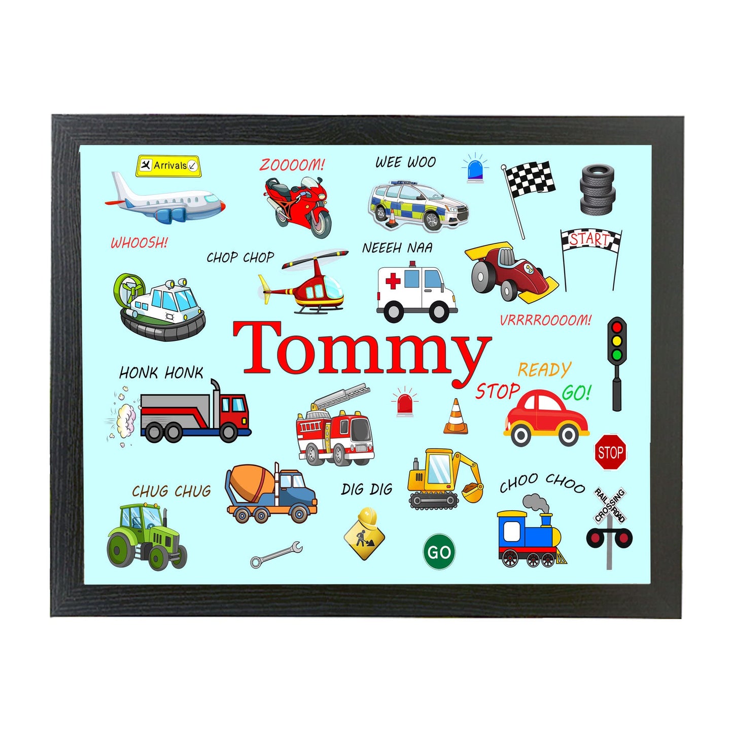 Junior Personalised Fun Cartoon Vehicles Choice Of Two Colours Design Soft Cushion Lap Tray Gift