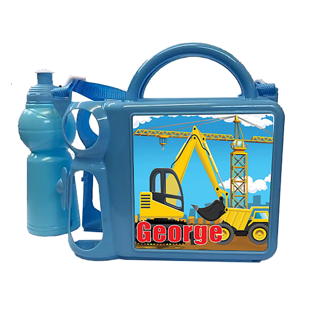Personalised Digger Plastic Lunch Box and Water Bottle Back to School Gift Set